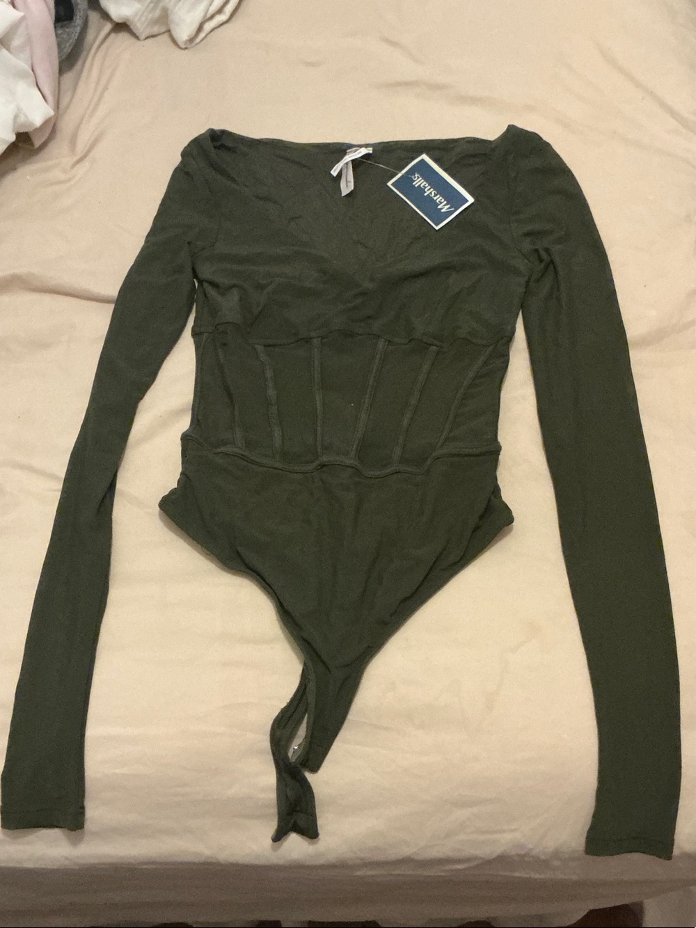 Women’s Olive Green Mesh Long-Sleeve V-Neck One-Piece Bodysuit